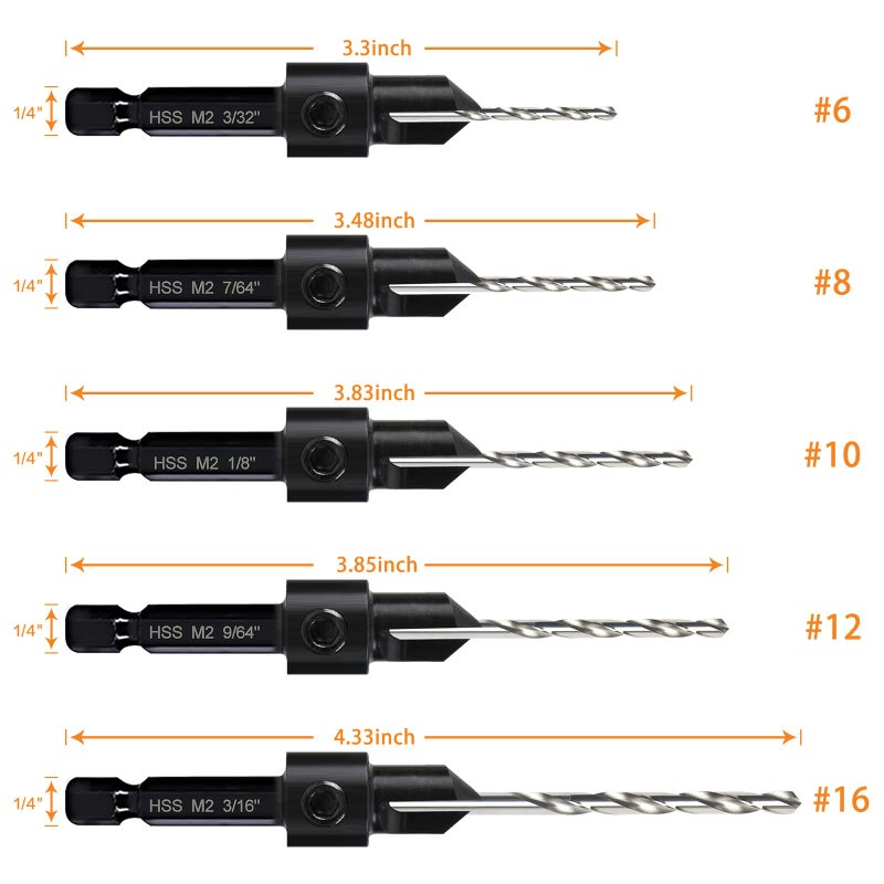 DECKRKAT 5-pc Woodworking Countersink Counterbore Drill Bit Set 3in1 for #6 8 10 12 16 Screws, M2 Pilot Drill Bits Adjustable Depth, 82-Degree Chamfer with Stop, 1/4Hex Shank, Includes 2 Allen Wrenches - Image 2